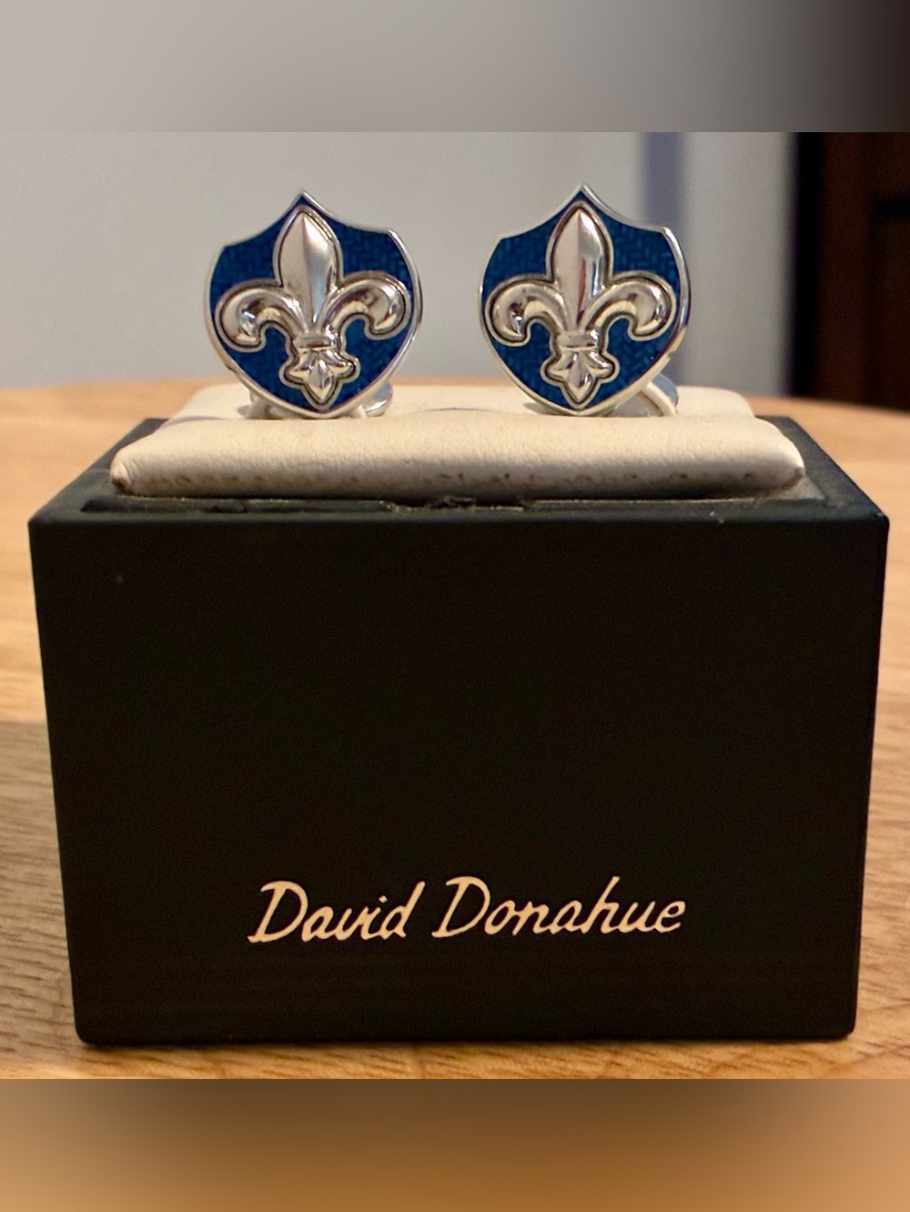 David Donahue Sterling Silver Fleur-de-Lis on Blue Shield Cuff Links